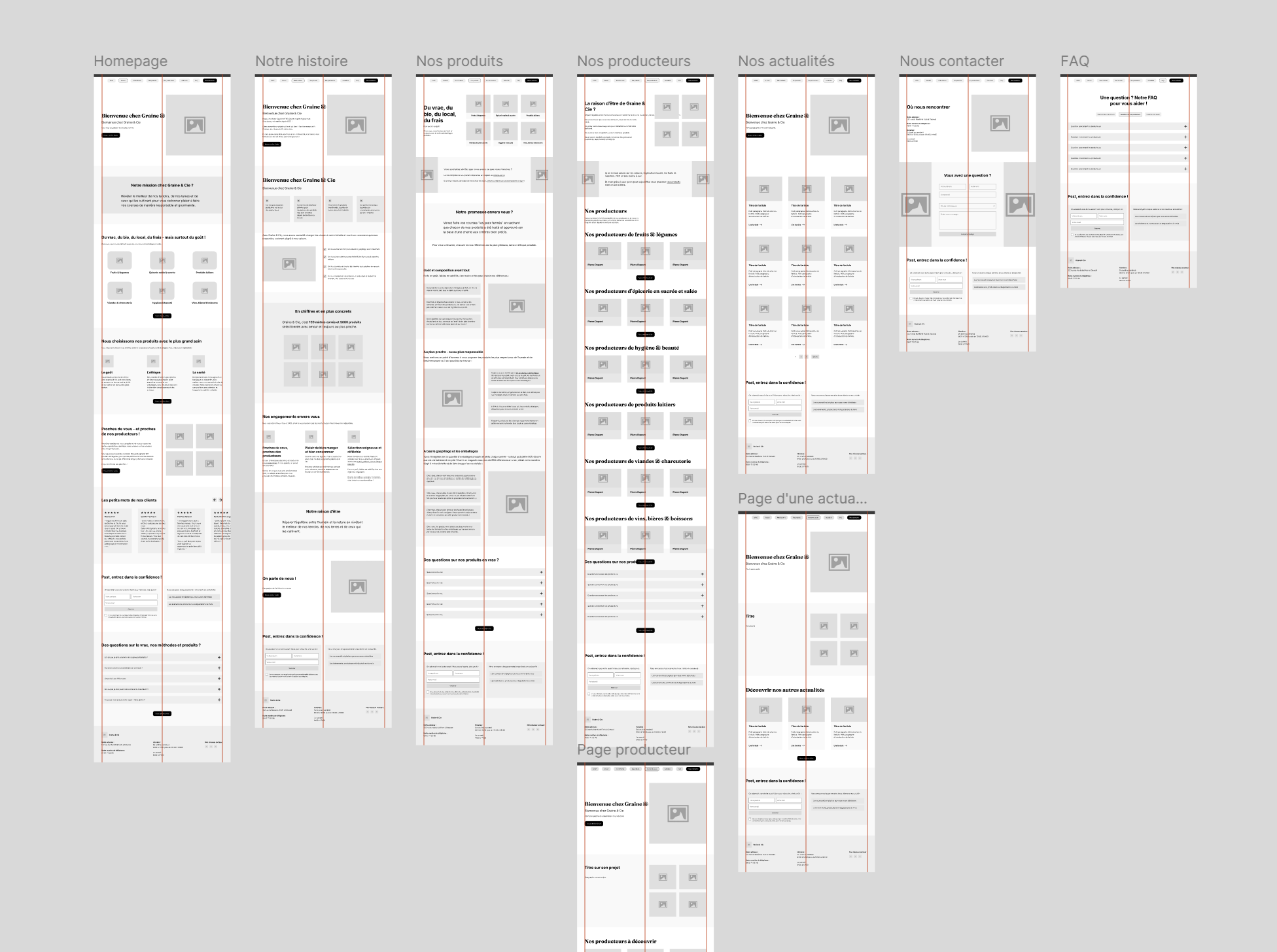 Capture d'écran en aperçu d'un site web affichant plusieurs pages en disposition verticale côte à côte, montrant la navigation, des titres, zones de texte, cartes de services, images de substitution et sections de FAQ, dans une palette de couleurs neutres, destiné à un service d'accompagnement professionnel et coaching.