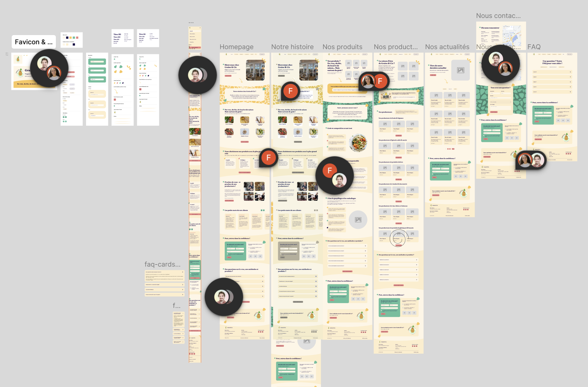 Maquettes d'un site web en français comprenant plusieurs pages avec un design en bleu foncé, jaune et orange, intégrant des sections sur le coaching professionnel, bilan de compétences, orientation scolaire, politique de confidentialité, et présentation d'un coach avec photos et textes explicatifs.
