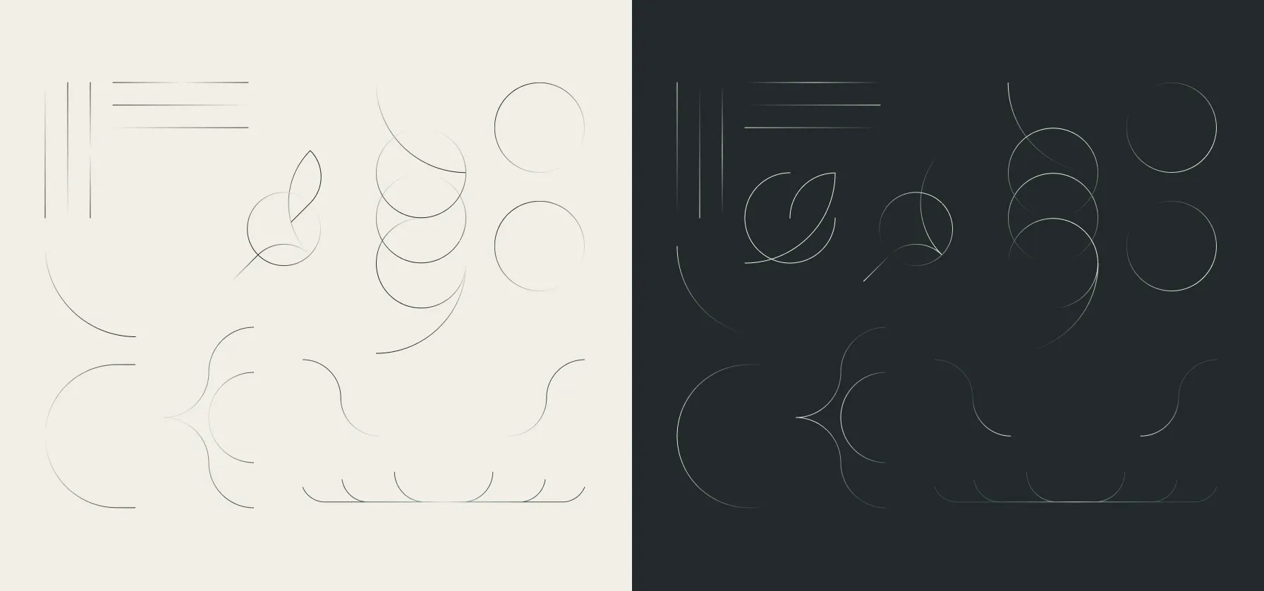 Trois carrés disposés horizontalement sur un fond bleu foncé, chacun avec un motif abstrait différent : à gauche, un motif de vagues sombres ton sur ton, au centre, de larges bandes curves blanches sur fond pêche, à droite, un motif irrégulier en jaune et beige rappelant des taches ou marbrures.