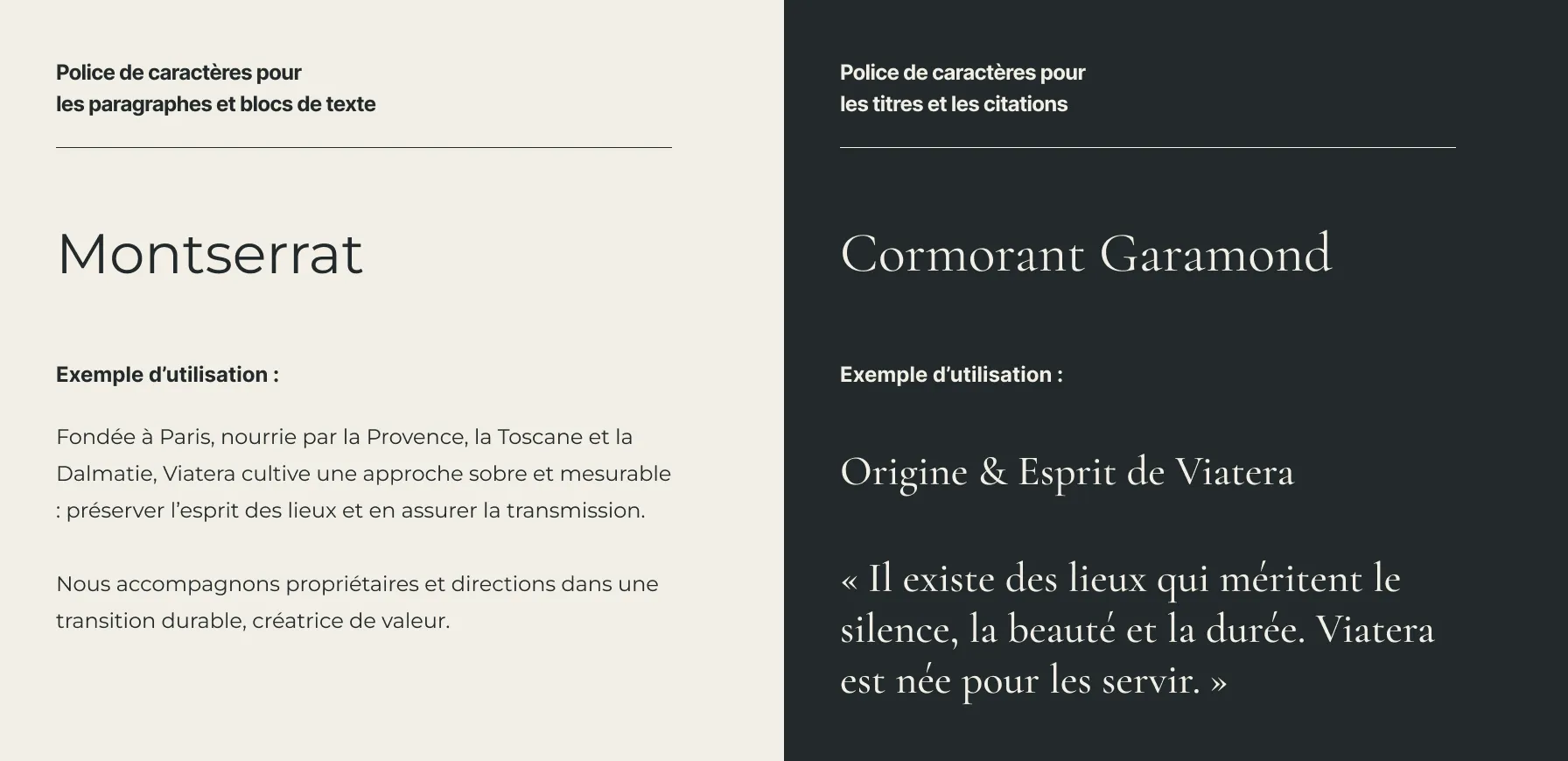 Présentation de la typographie Mitr pour les titres à gauche avec un texte d'exemple en français détaillant un projet d'accompagnement professionnel, et à droite un échantillon de la typographie Objectiv Mk avec alphabets minuscules, chiffres, et phrase d'exemple « Accompagner les professionnels dans la réalisation de leurs objectifs » sur fond bleu.