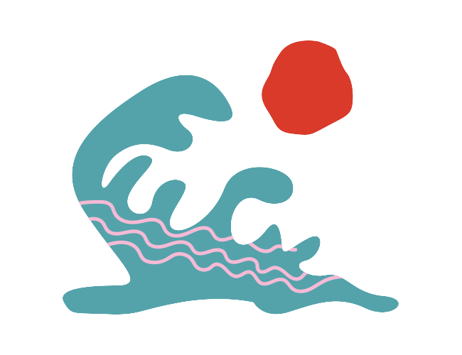 Teal wave illustration with red sun
