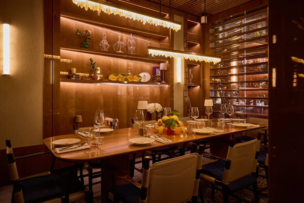 Private dining room at ALBA London set for a group dinner