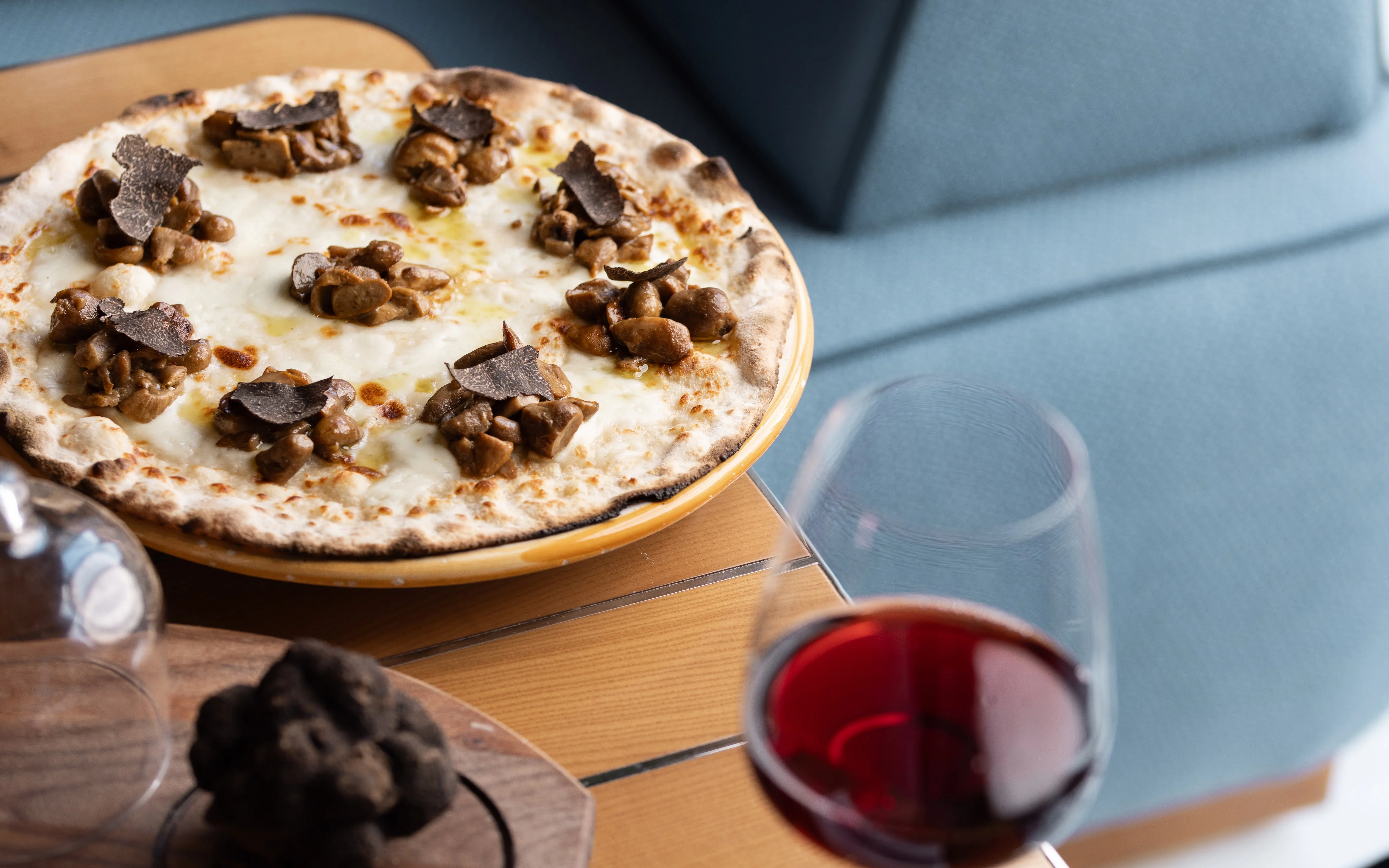Wood-fired Pizza Appennina with porcini mushrooms and black truffle at ALBA London