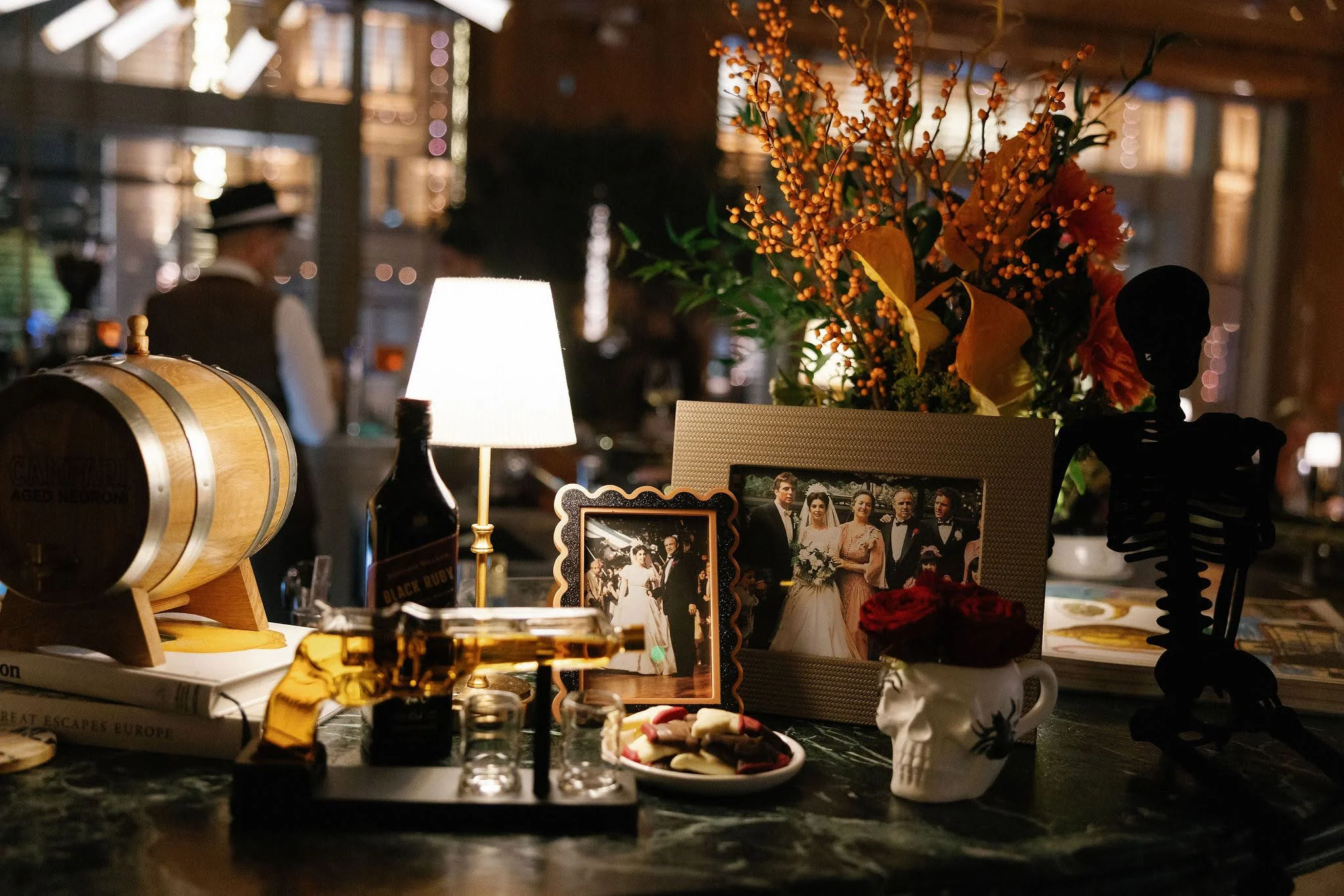 Halloween decorations on the bar at ALBA, Italian restaurant in Knightsbridge