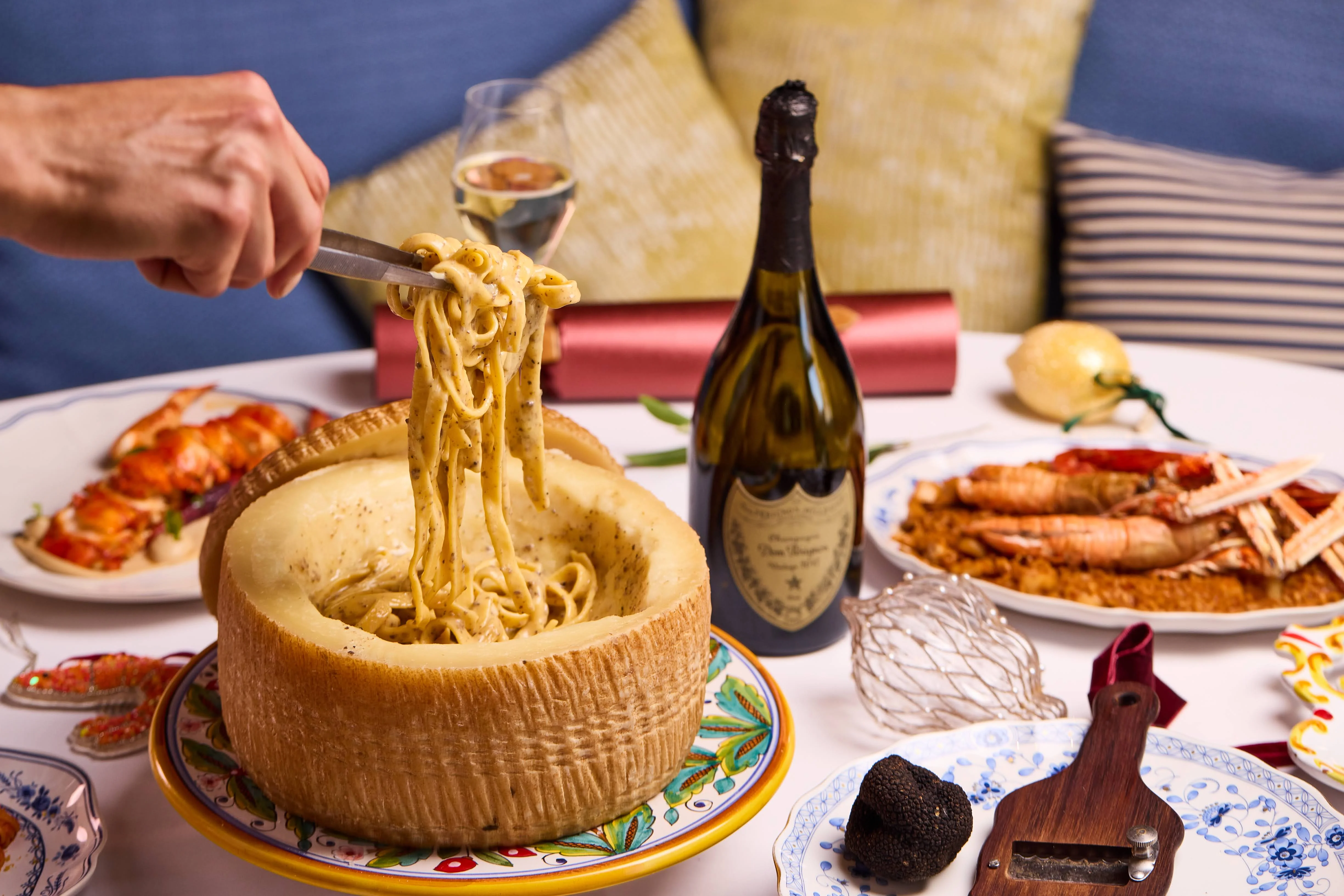 Tagliatelle lifted from a whole Pecorino wheel at ALBA, Italian restaurant in Knightsbridge