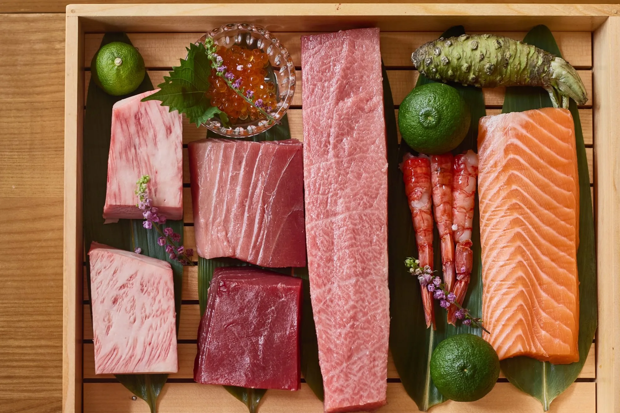 A5 wagyu beside tuna, salmon and fresh wasabi at ALBA, Knightsbridge
