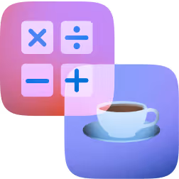 Icône combinant une calculatrice avec des symboles mathématiques et une tasse de café, représentant une application métier qui allie calculs. 