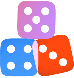 Icône de trois dés superposés, en violet, bleu et rouge, représentant le hasard ou les jeux de chance.