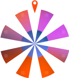 Icône d’un graphique circulaire coloré avec un repère de localisation rouge au sommet, symbolisant la roue de la fortune.