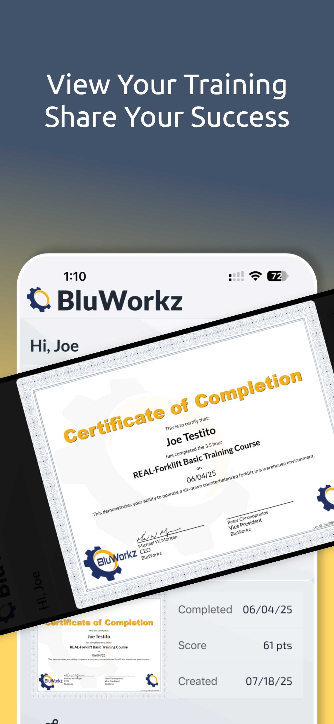 Trainee dashboard on iPhone with certificate access and training metrics.