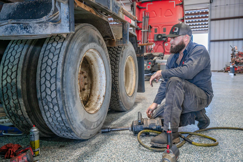 a diesel technician inspecting truck tires on a semi.