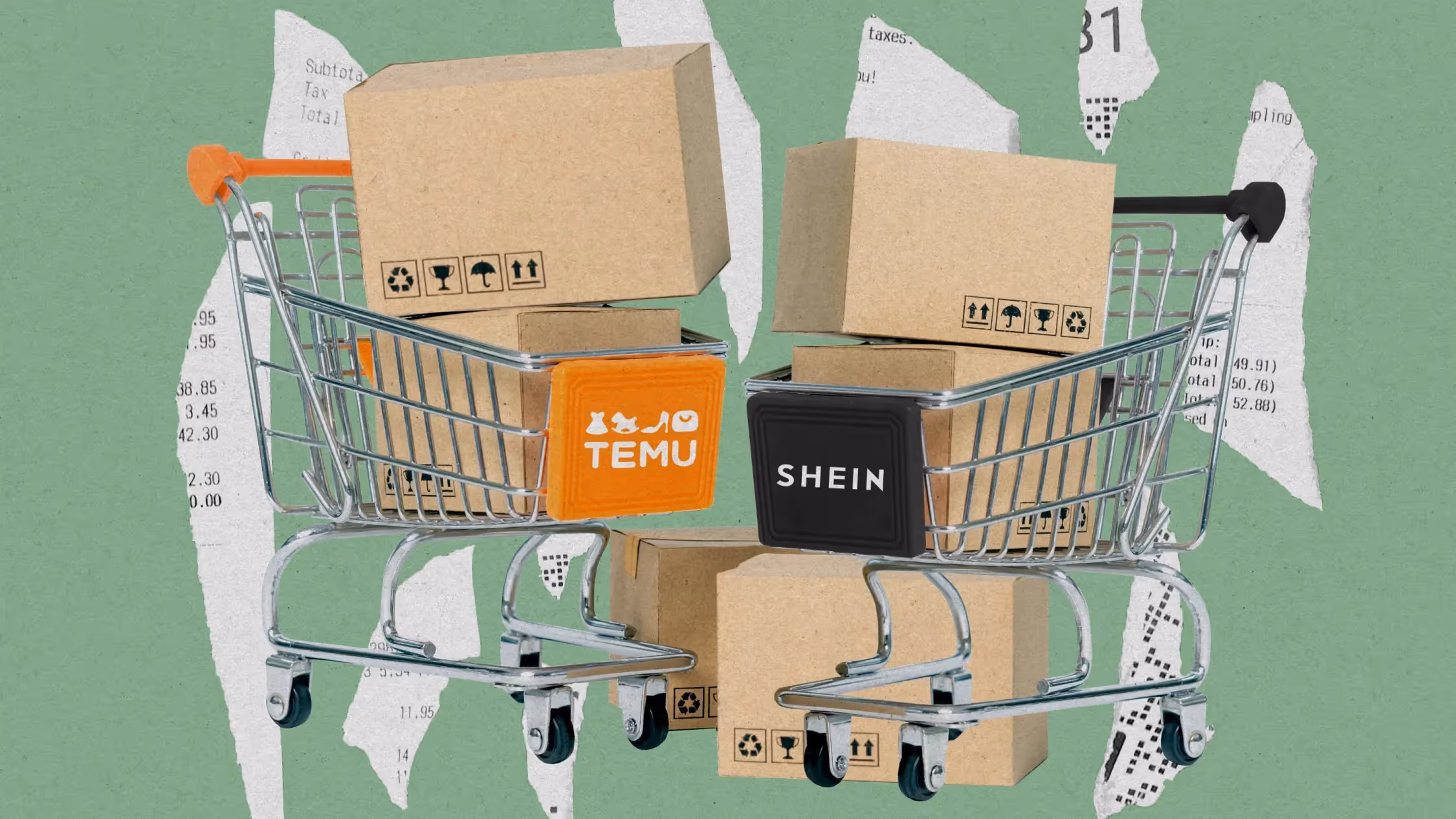 Two shopping carts sitting side-by-side with boxes stacked inside. Each cart has text on the front: one that has Shein and the other Temu