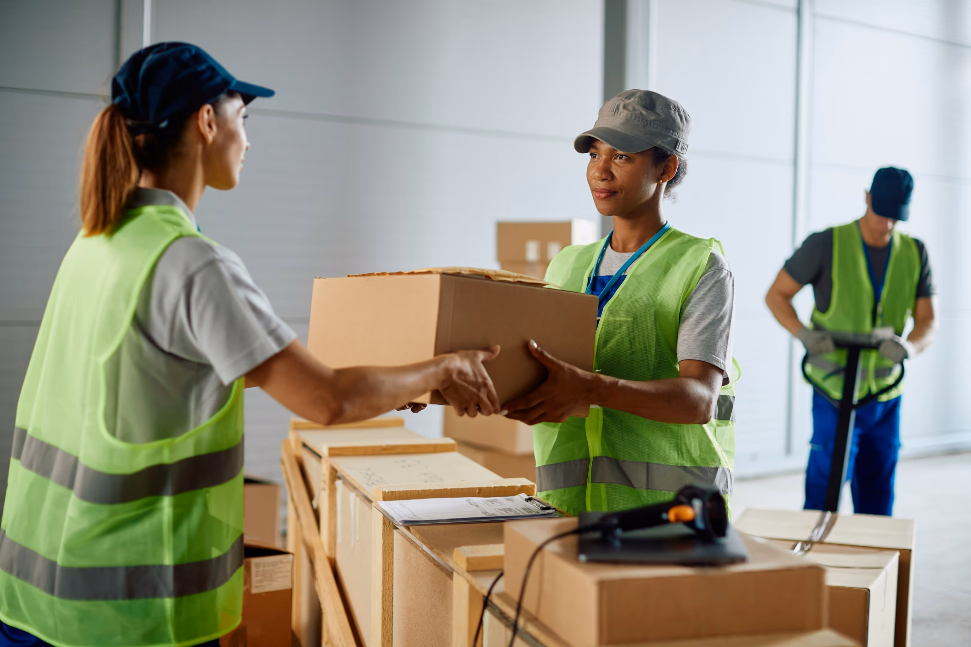 Two women in green safety vests doing a package handoff while a man uses a pallet jack in the background.