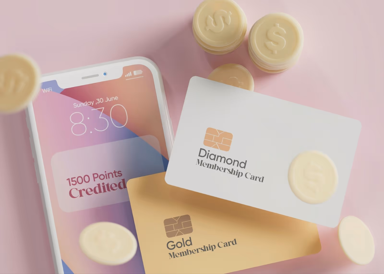 An iphone with a screen that says '1500 points credited,' accompanyed by two membership cards for a loyalty program.