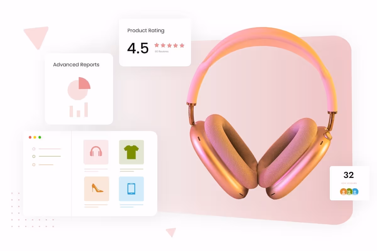 Pink and orange-colored over-the-ear headphones surrounded by a mock-up of website analytics and modules.