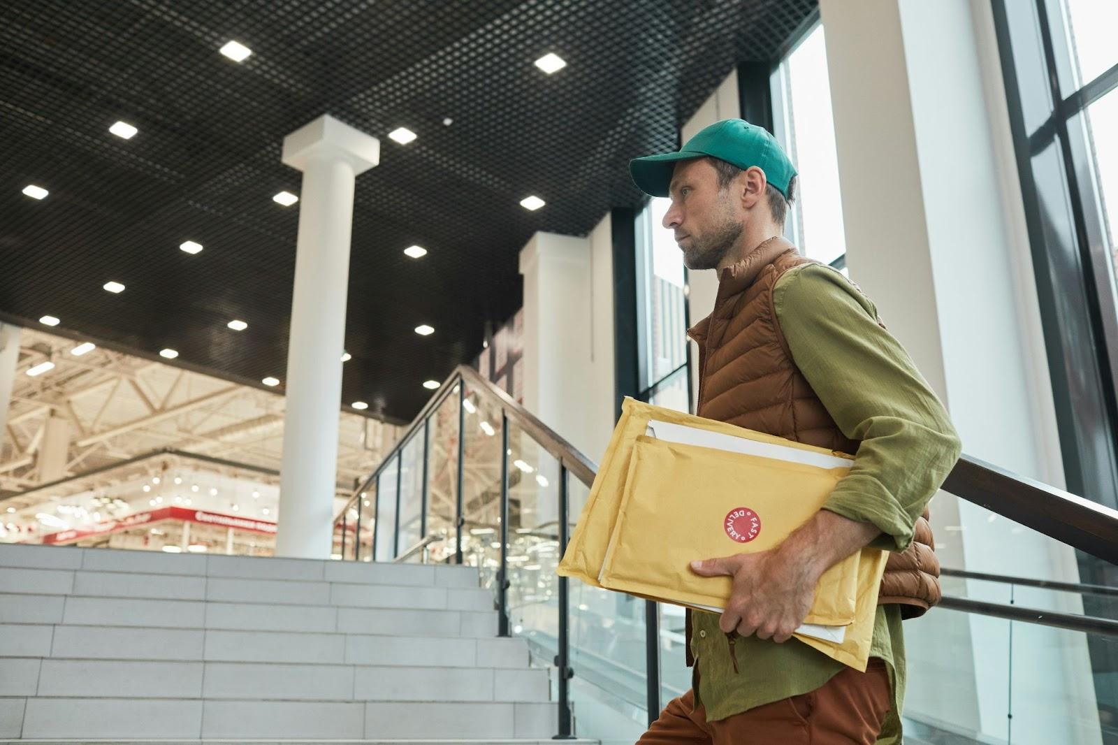 A man in a green hat carrying mail into a building