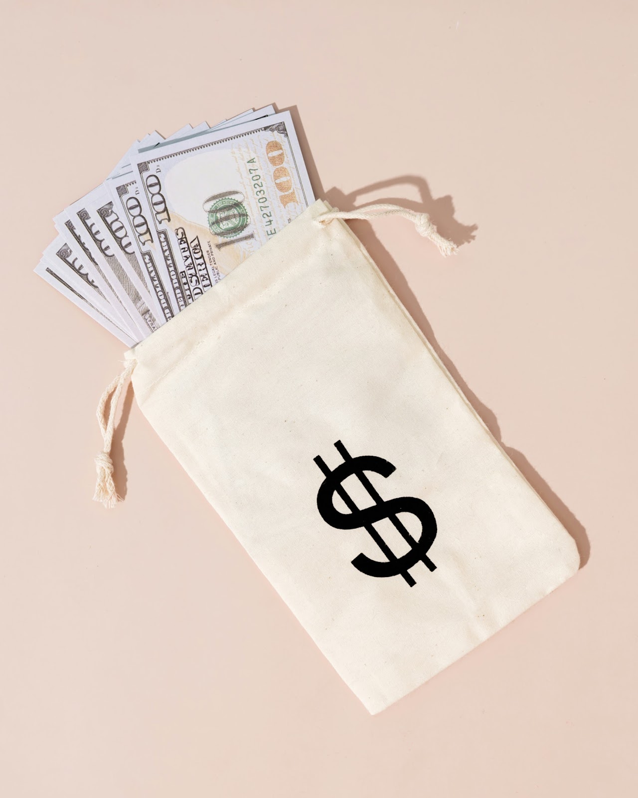 A bag with a money symbol on it with several hundred dollar bills popping out of the top.