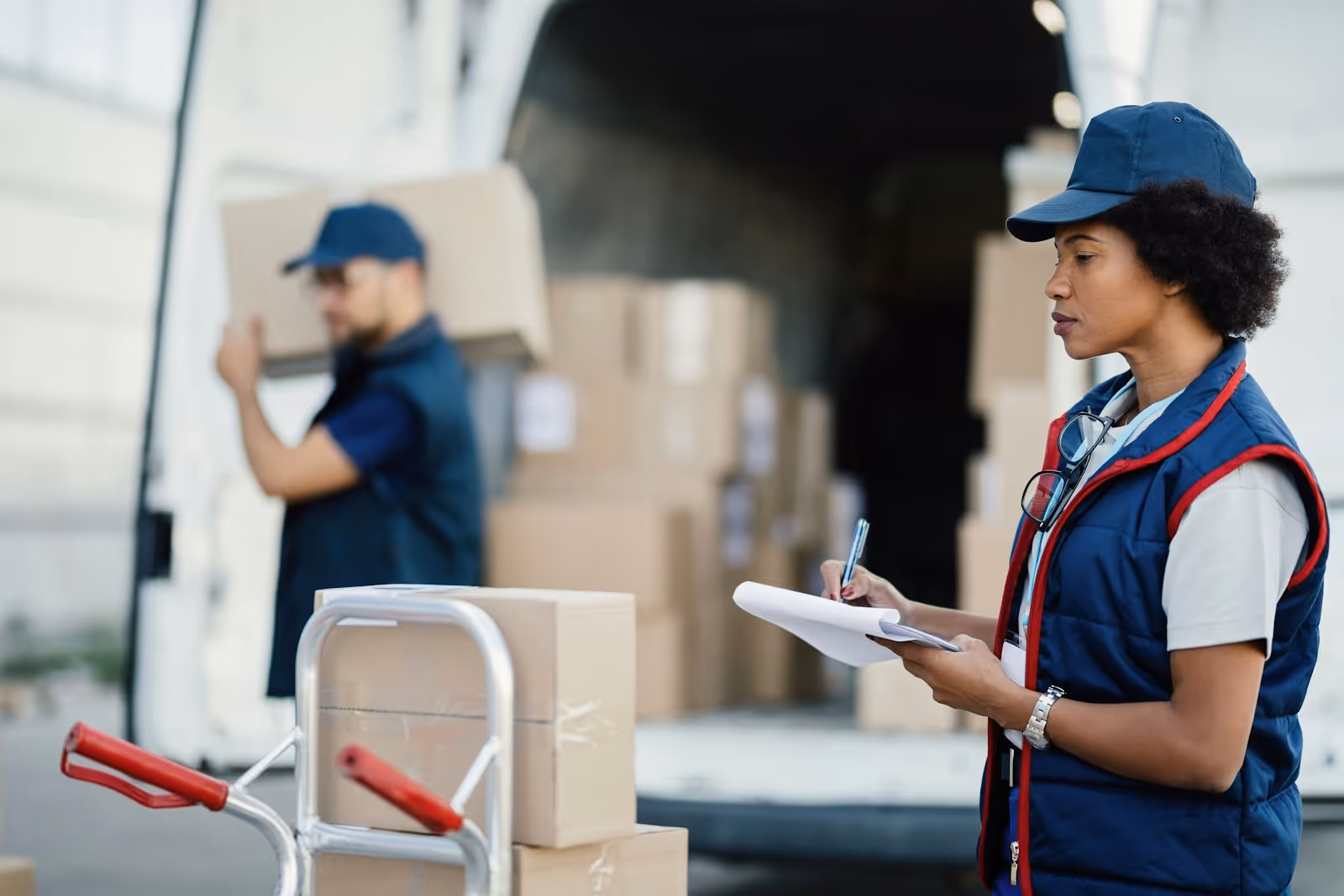 A woman holding a clipboard and pen looking at boxes on a dolly whiloe a man unloads boxes from a shipping van in the background.