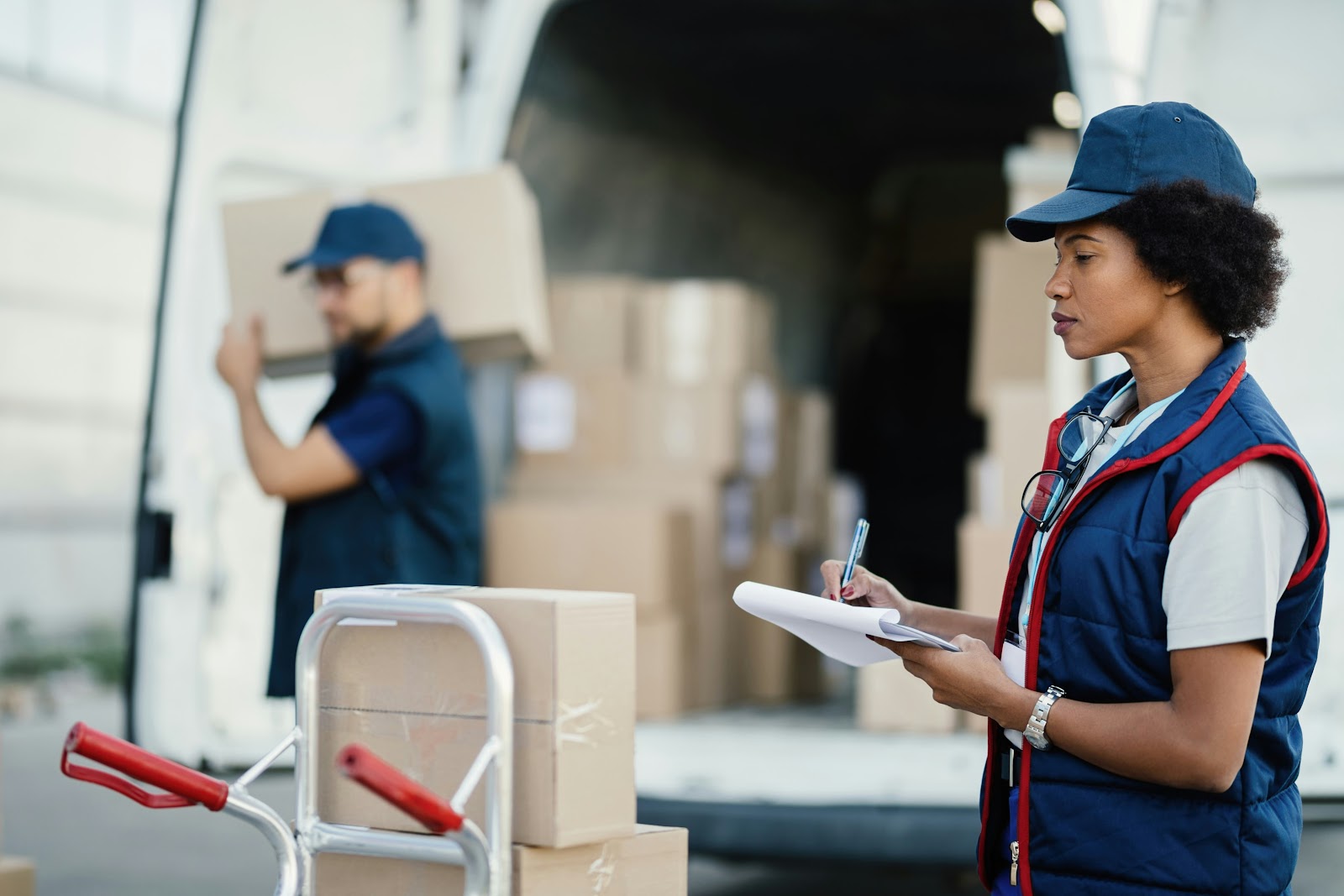 A woman holding a clipboard and pen looking at boxes on a dolly whiloe a man unloads boxes from a shipping van in the background.