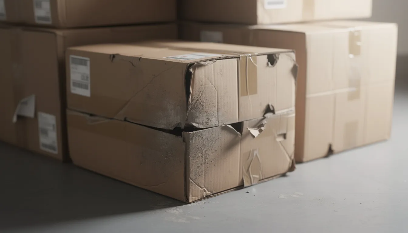 The image depicts several damaged cardboard shipping boxes showing signs of wear and handling marks, which may impact the efficiency of fulfillment center operations for Amazon sellers. Proper Amazon FBA prep services, including item labeling and protective packaging, are essential to avoid rejected shipments and ensure compliance with Amazon's standards.