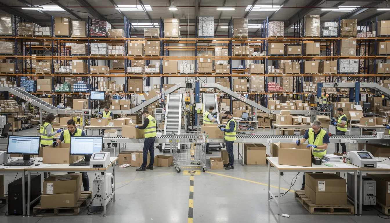 The image depicts a bustling professional warehouse fulfillment center where workers are efficiently processing and packing orders for Amazon sellers. Various tasks such as item labeling, bubble wrapping, and packaging are being performed to ensure compliance with Amazon FBA prep services and to streamline the shipping process.