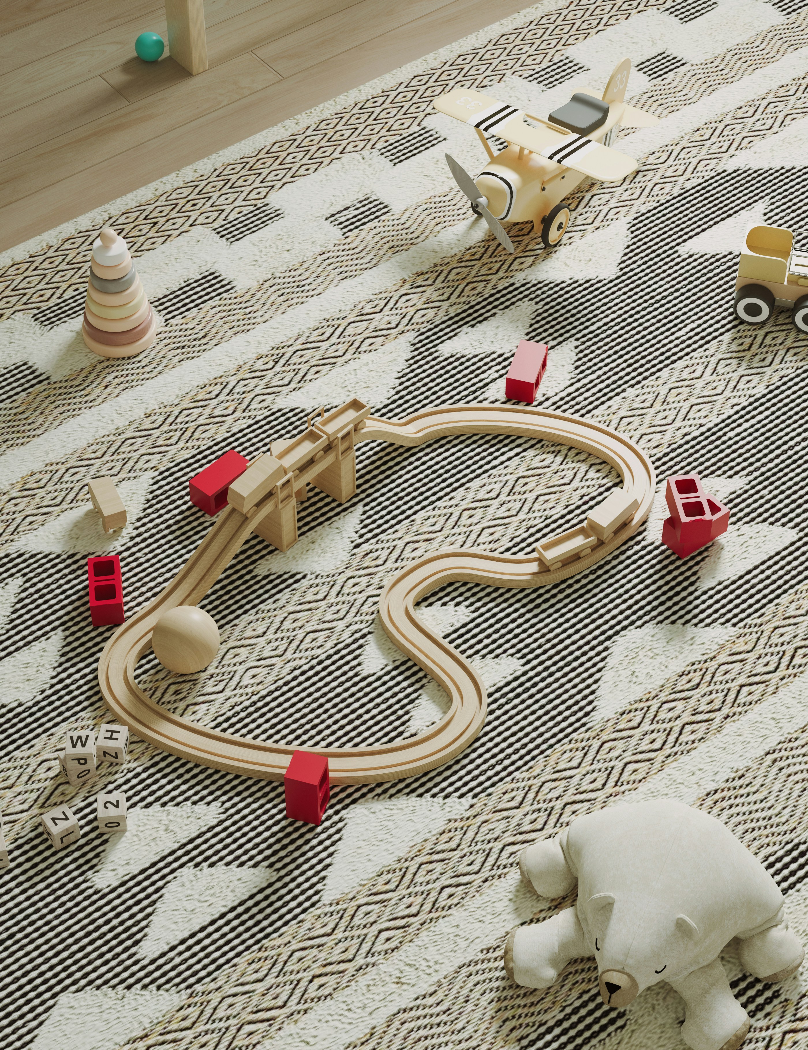 Children's toys laid out on a rug in a play room that may be subject to TikTok Shop's new CPSC rule.