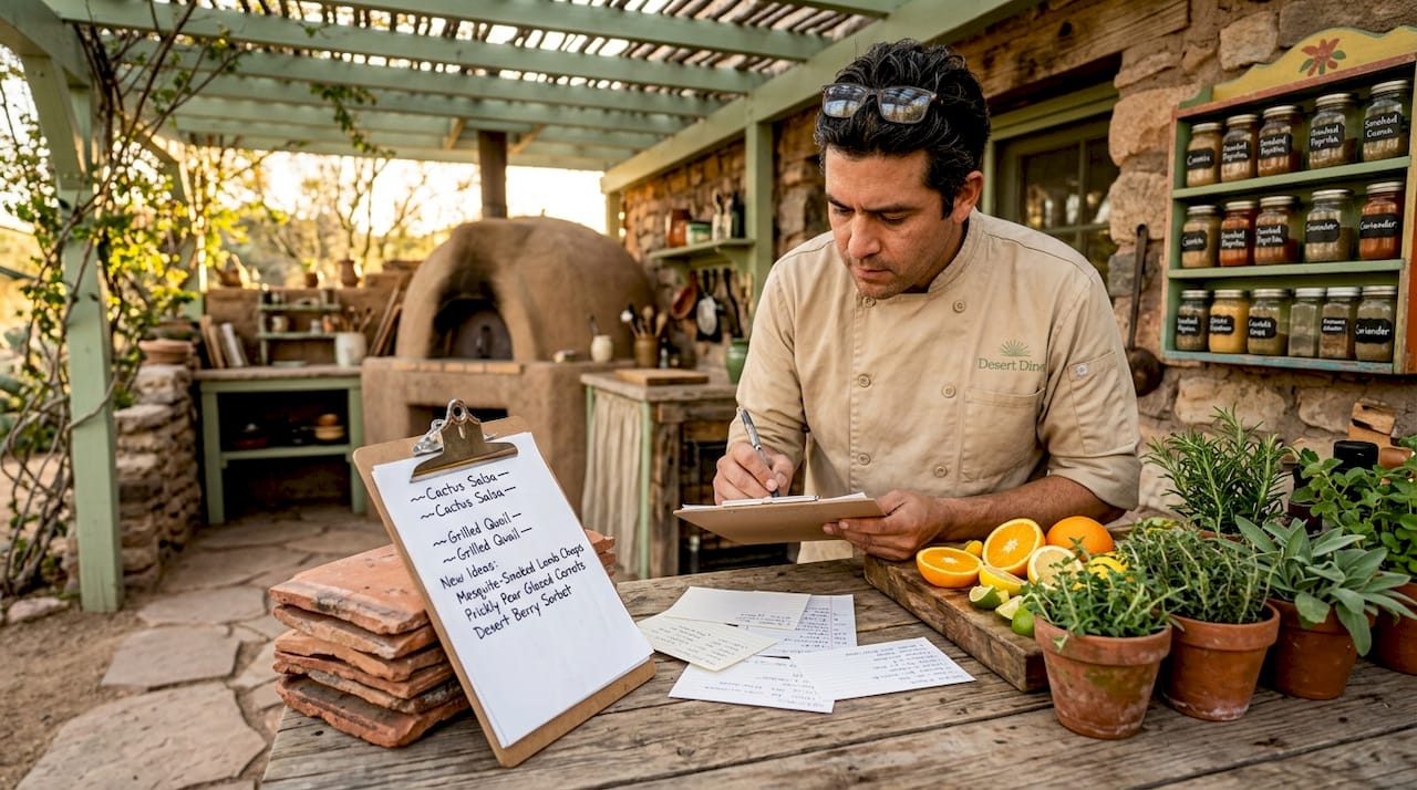 Chef brainstorming menu options in kitchen