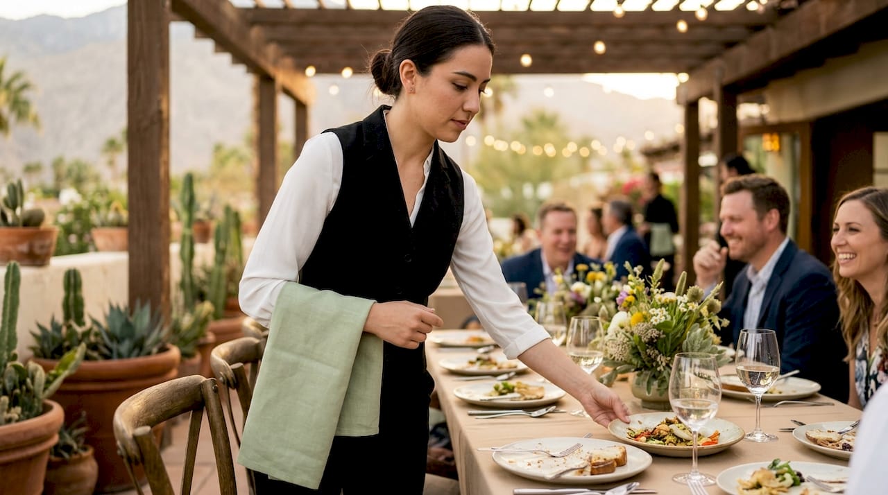 Server clears plate at wedding dinner table