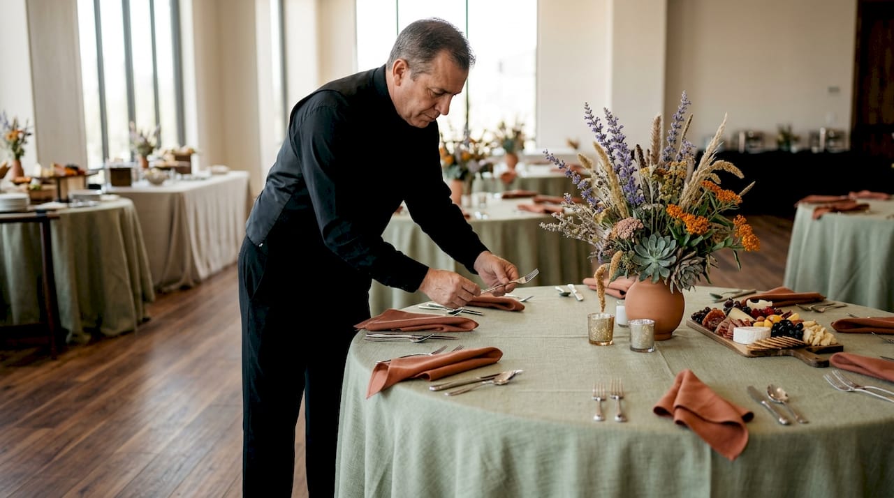 Server prepares luxury event tablescape