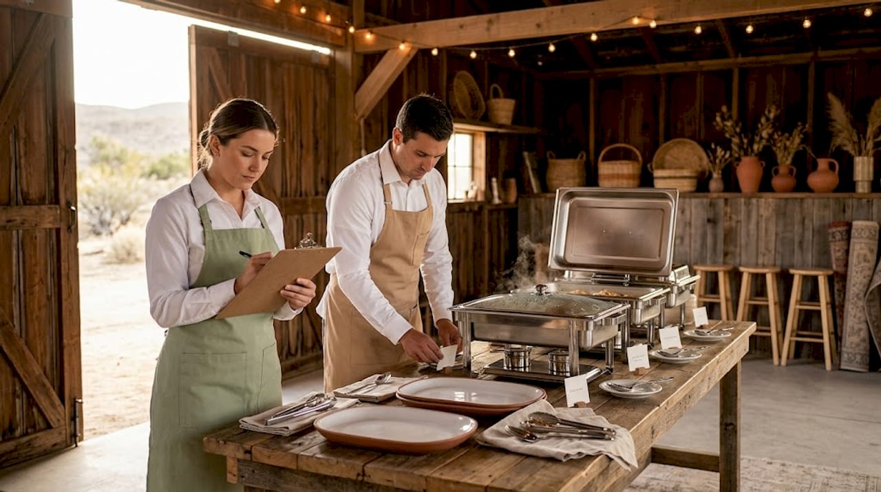 Catering staff arranging buffet table at event hall