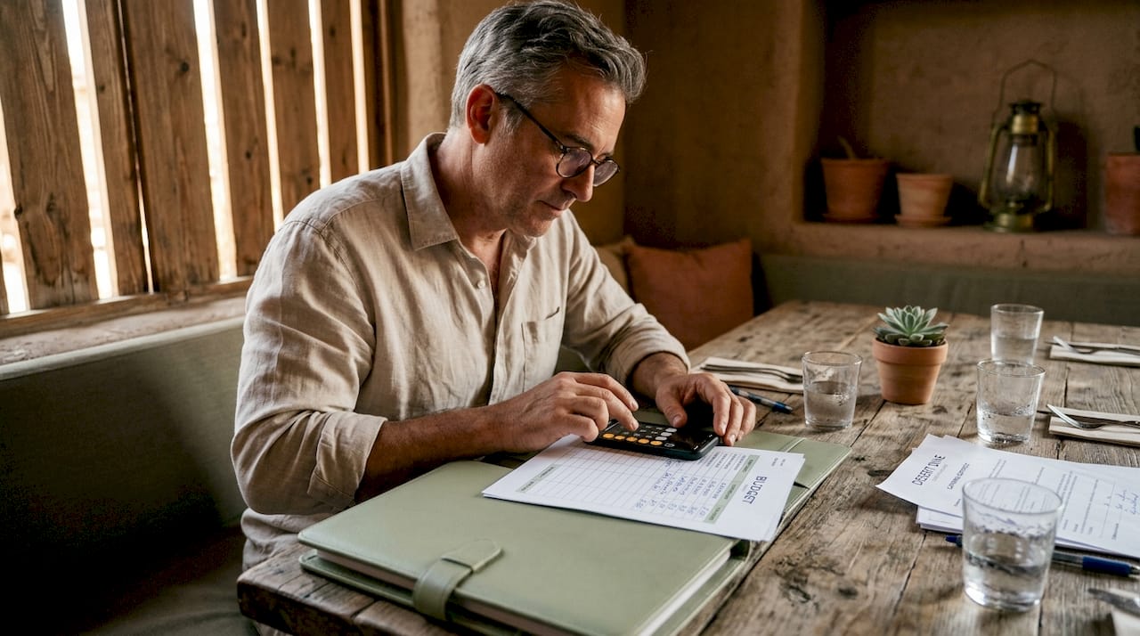 Man calculating rehearsal dinner catering costs