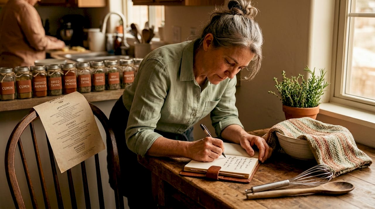 Chef organizing menu with tablet in kitchen