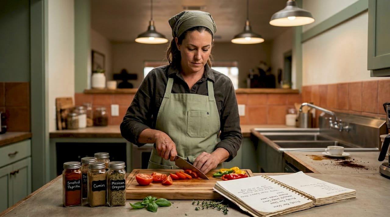 Food truck chef preparing ingredients in shared kitchen