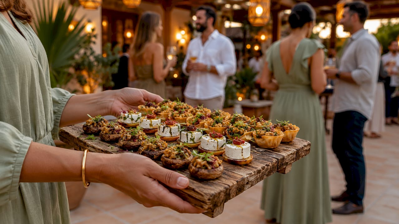 Tray of bite-sized appetizers at networking event