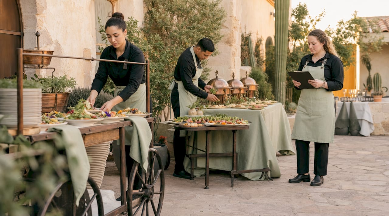 Catering team setting up buffet service