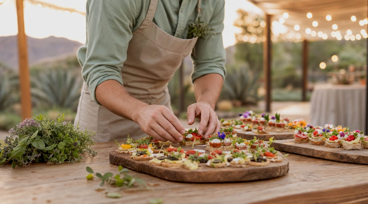 Caterer arranging hors d'oeuvres on slate platters