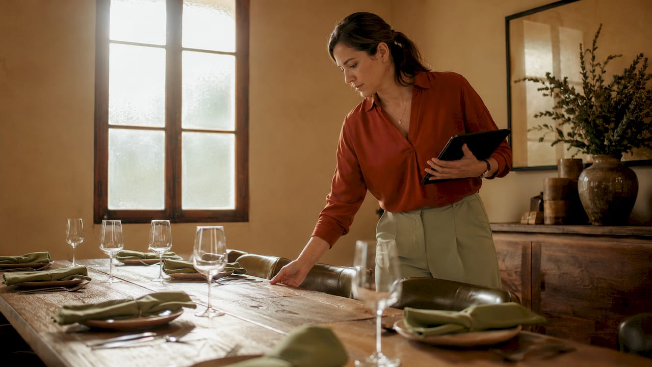 Restaurant manager preparing private dining room