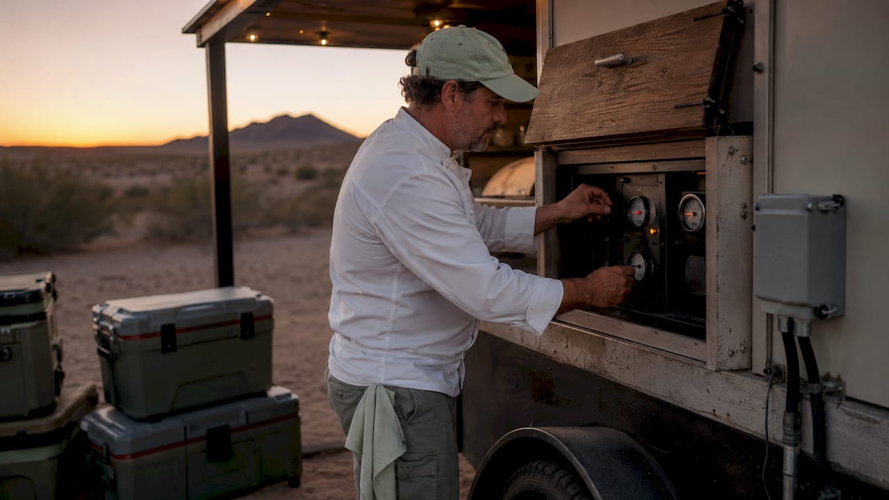 Chef managing temperature in mobile kitchen outdoors