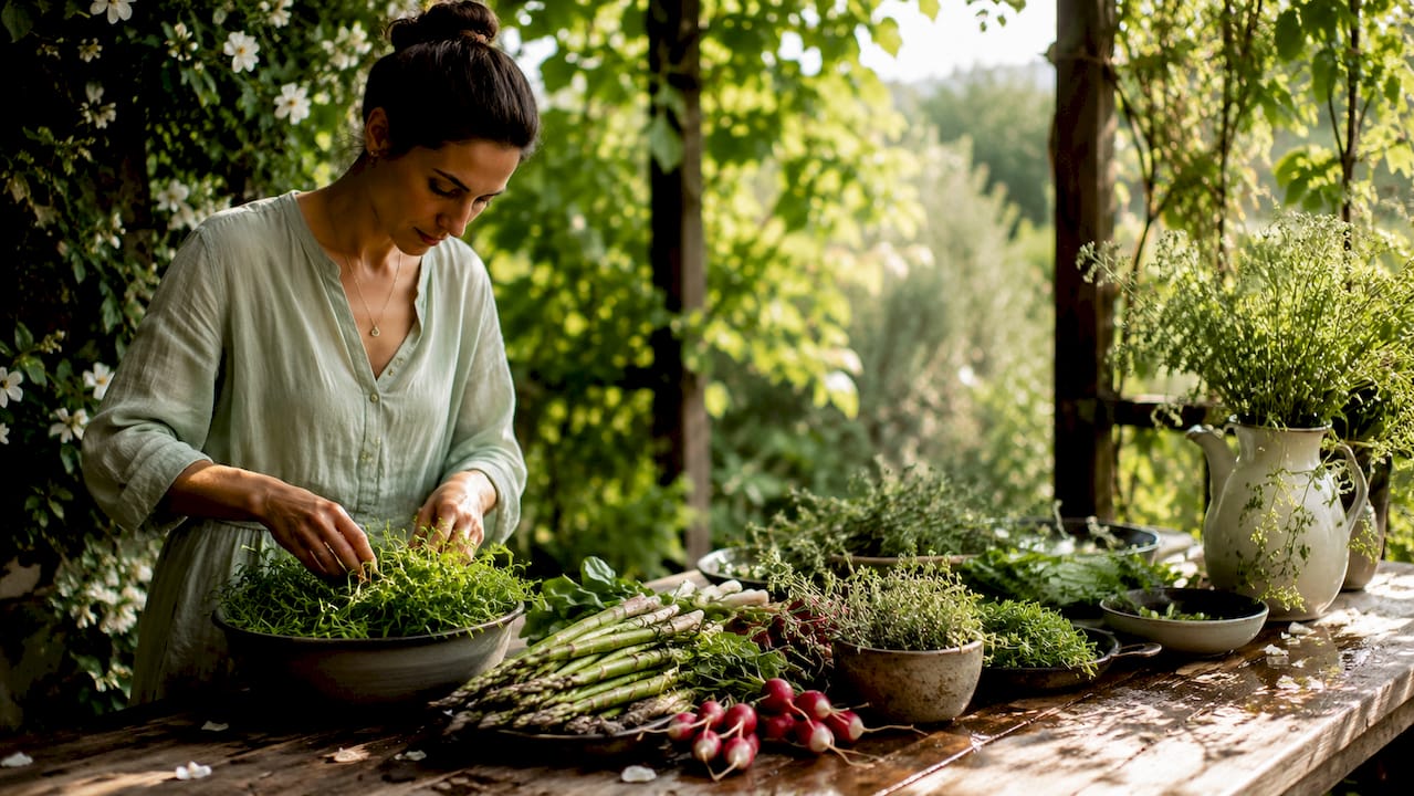 Fresh spring wedding menu ingredients on platter