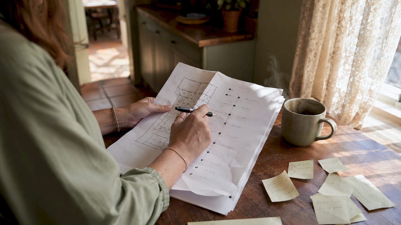 Hands annotating wedding catering checklist and floor plan