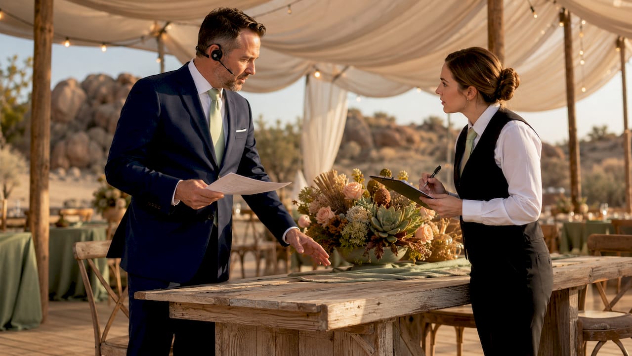 Floor manager briefing catering staff