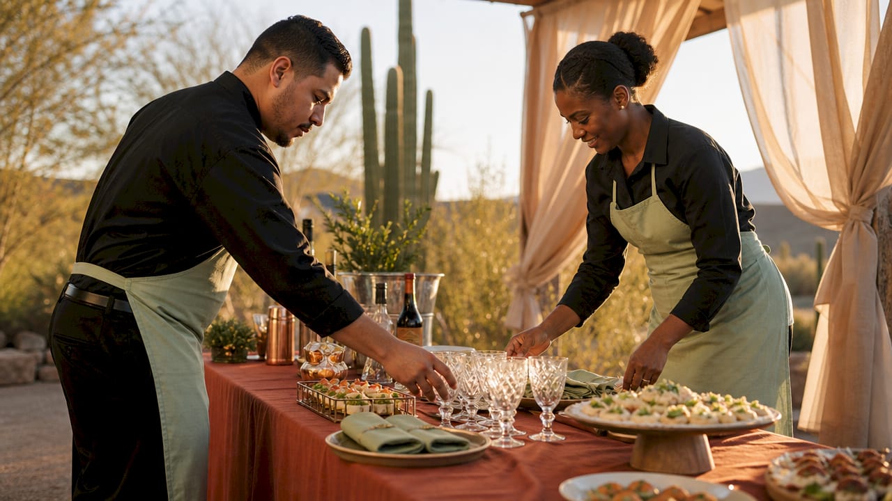 Catering staff setting up buffet table indoors