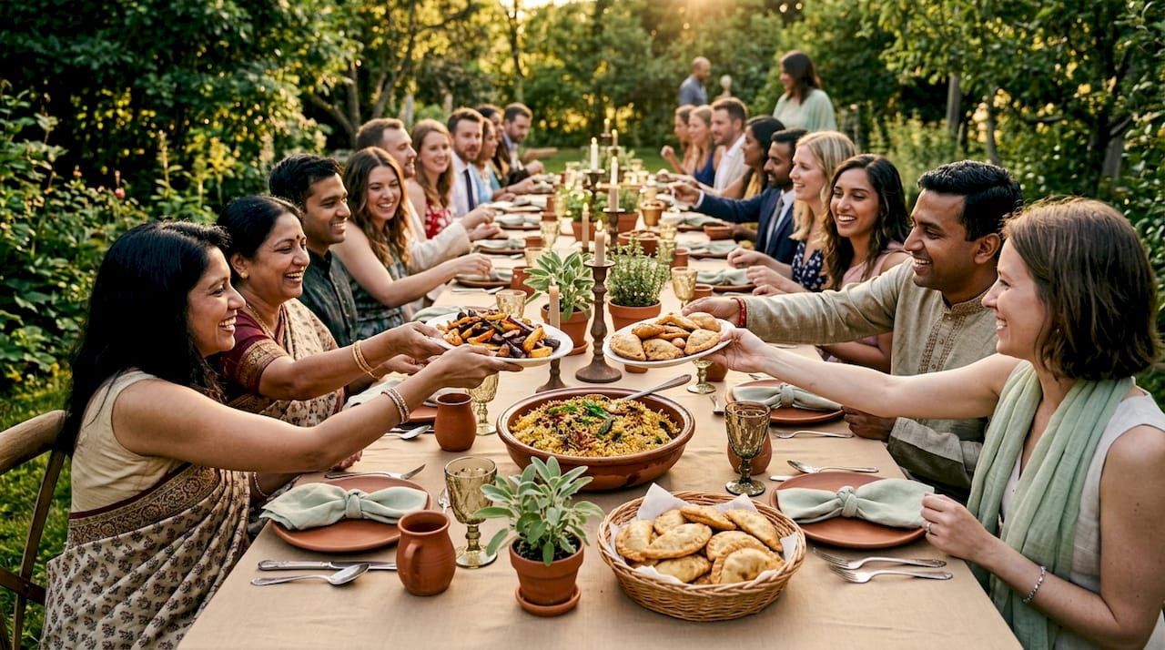 Guests sharing multicultural wedding food family-style