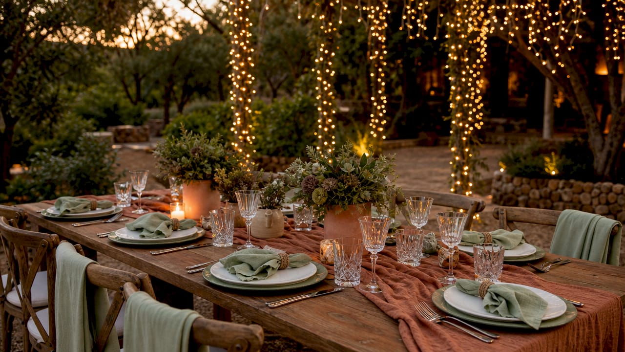 Rustic event table with linens and tableware