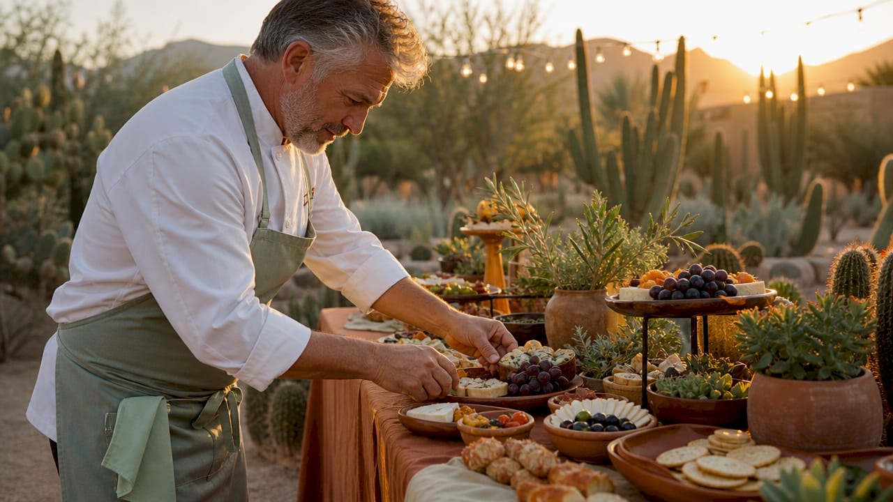 Caterer arranging wedding buffet outdoors