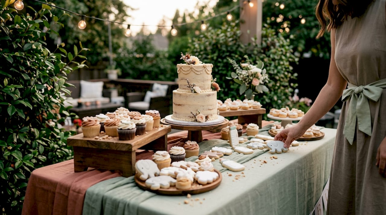 Decorated baby shower dessert table with cupcakes and cake