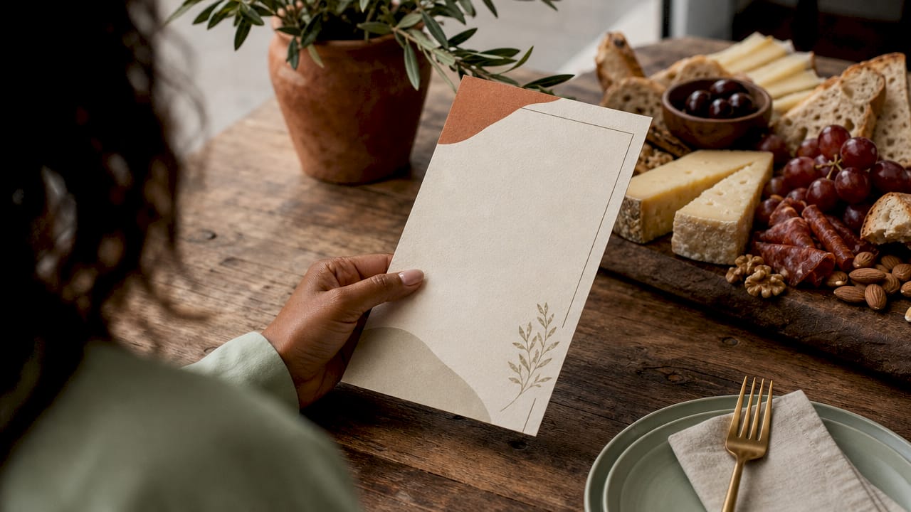 Close-up of hand holding executive catering menu paper