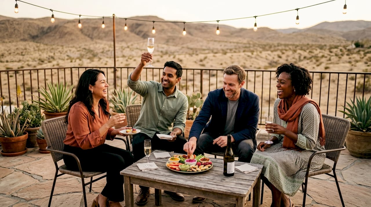 Diverse guests enjoying inclusive catered food