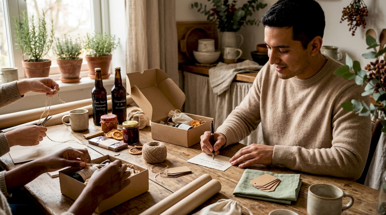 Hands assembling holiday gift boxes with notes