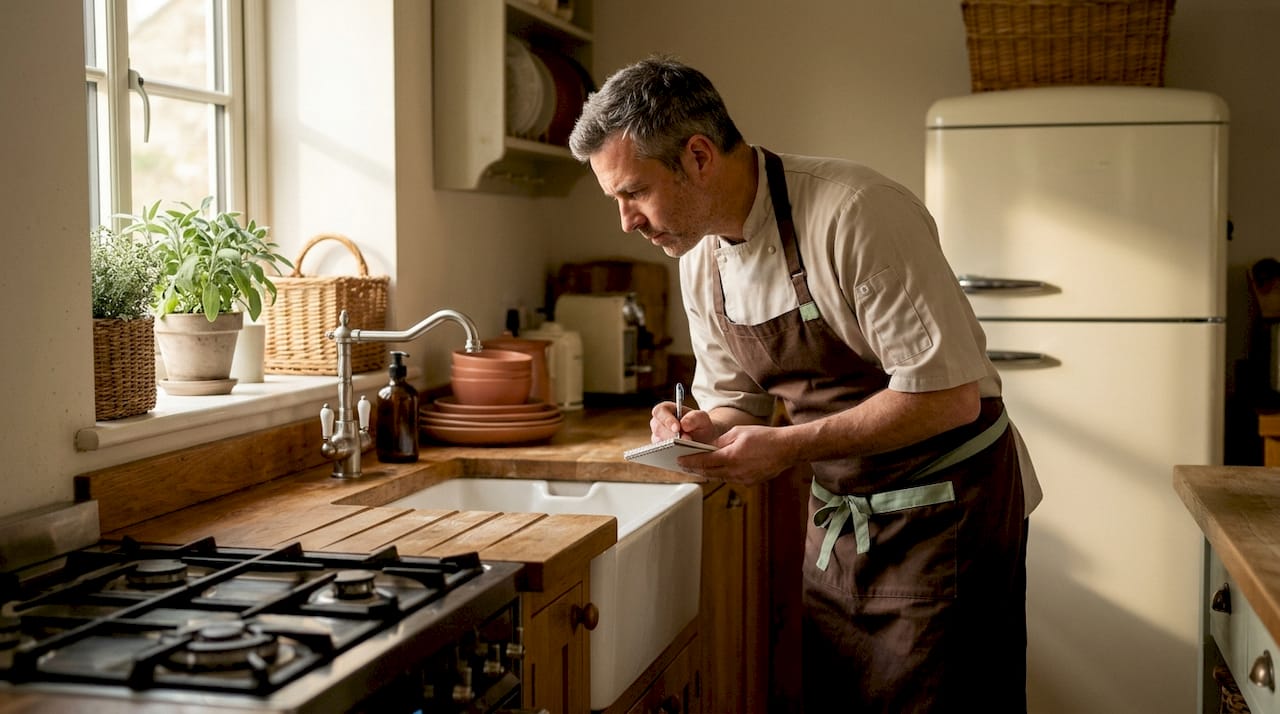 Caterer inspecting commercial kitchen facilities